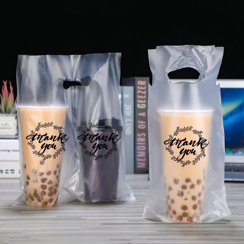 Kisston 1000 Pcs Drink Carrier for Delivery, Plastic Carrier Bags Thank You Clear Handle Drink Poly Bags Bulk for Coffee Tea Beverage Juice(Hold 2 Cups, Hold 1 Cup)