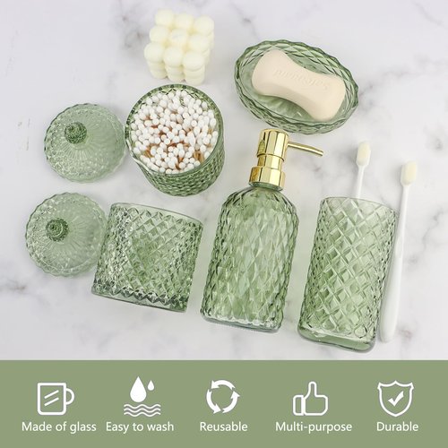 5Pcs Glass Bathroom Accessories Set,Green Vintage Bathroom Accessory Set, Bathroom Counter Sink Toothbrush Holder Set Includes 13.5oz Hand/Lotion Soap Dispenser & Tumbler & Soap Dish & Qtip Holders