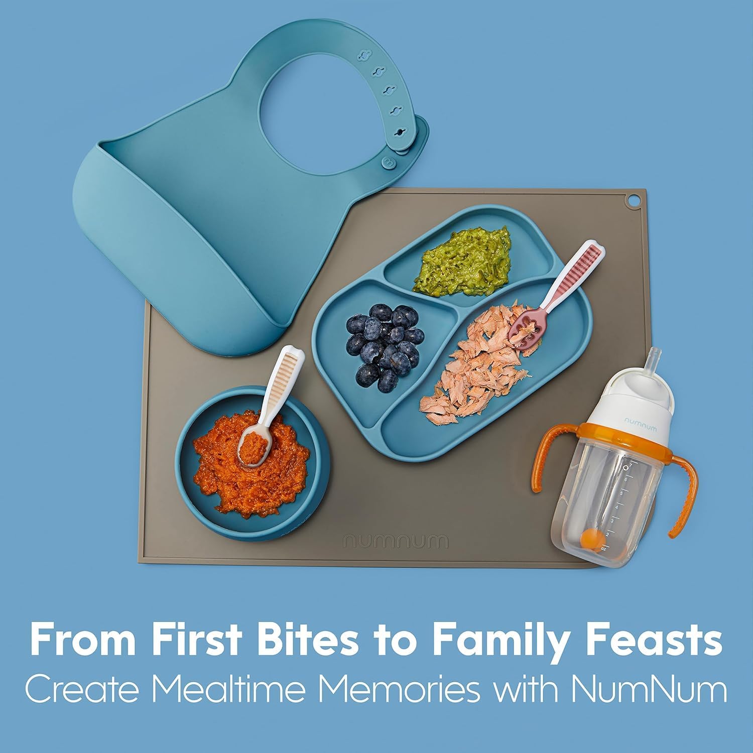 NumNum Baby Spoons Set - Pre-Spoon GOOtensils for Self-Feeding | BPA-Free Silicone Utensils, 2 Pack Blue/Orange