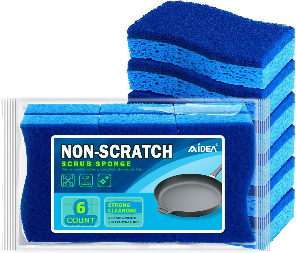 AIDEA Non-Scratch Scrub Sponges - 6 Count | Fast Cleaning Power for Non-Stick Cookware & Dishes