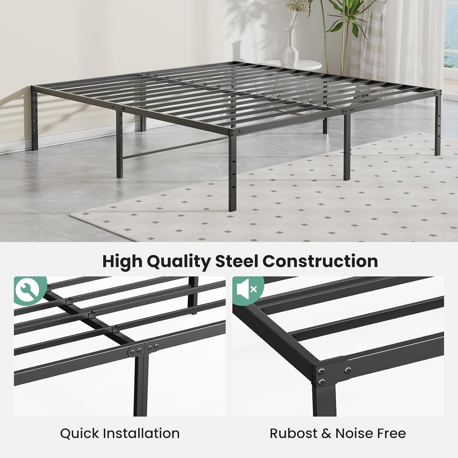 Sweetcrispy 18-Inch Platform Bed Frame - Heavy Duty Metal Foundation with Noise-Free Steel Slats | Underbed Storage, No Box Spring Needed