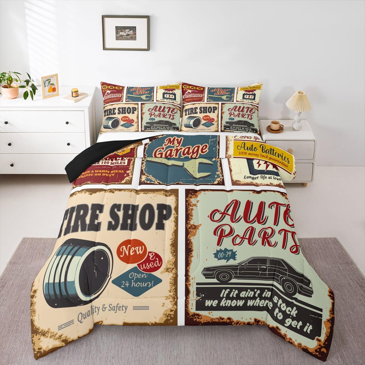 Vintage Car Signs Comforter Set For Boys, Automobile Pattern Down Comforter, Repair Vehicle Garage Bedding Set Full Size For Kids Girls Teens, Classics Servicing Duvet Insert Bedroom Decor