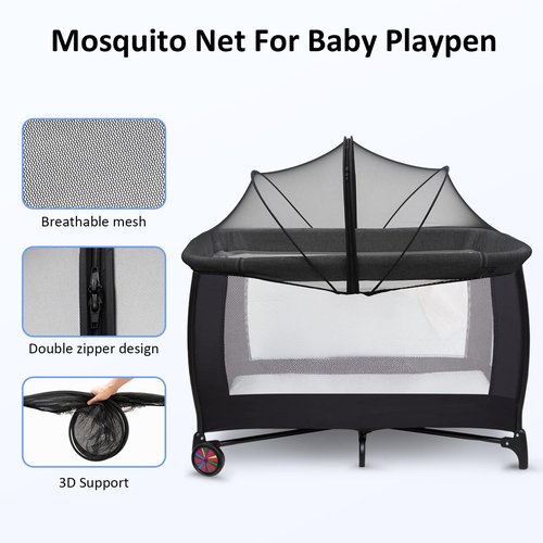 Cheermomo Pack n Play Cover, Travel Crib Tent, Pack and Play Mosquito Net Cover with 2-Way Zipper for Playpen/Mini Crib/Twin Bassinet to Keep Cats Out, Black