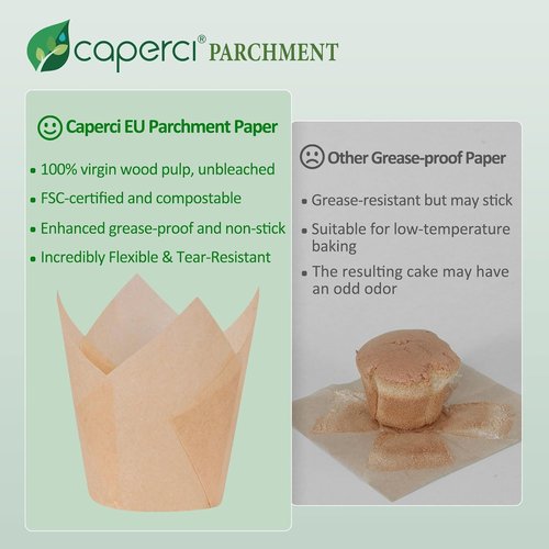 Caperci Natural Tulip Cupcake Liners - 150 Unbleached Parchment Paper Baking Cups for Parties & Events