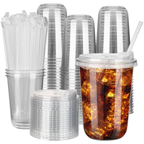 MOQRUAO 100 Sets 16oz Disposable Stemless Plastic Cups with Strawless Sip Lids, Clear PET Coffee Cups for Iced Coffee, Cold Drinks, Halloween, Christmas, Party and Drink Shop Supplies (Clear (16oz))