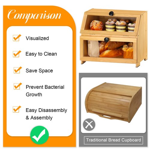 Bamboo Bread Box for Kitchen Countertop, Large Bread Storage Container Bin 2 Layer Breadbox Holder for Kitchen Counter, Cabinet, Pantry, Cupboard (Natural)