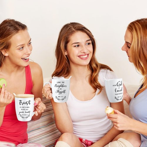 Patelai 12 Set Christian Mugs Bulk 12oz Inspirational Bible Verse Ceramic Coffee Mug with Lid Handle Spoon Religious Gifts for Sunday School Church Men Women Coworker(English)