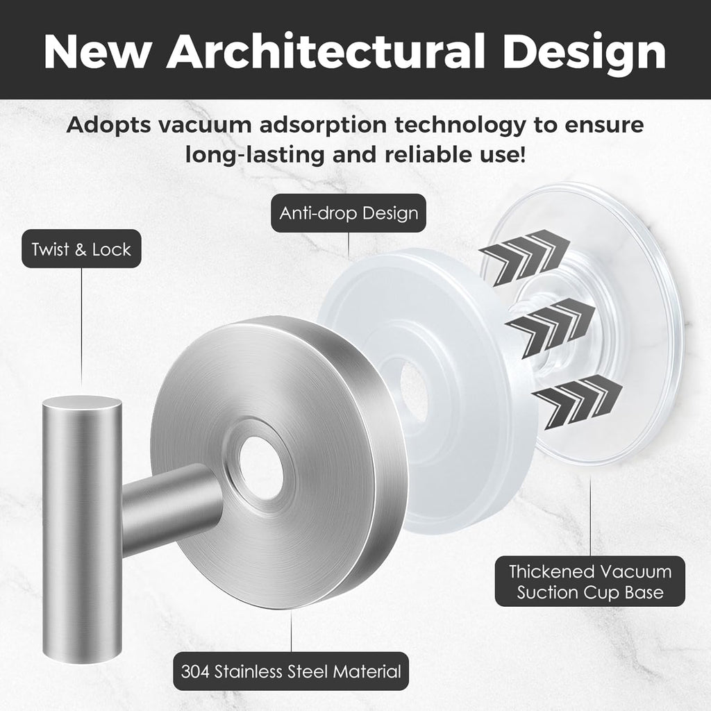 Skiennix Shower Hooks - Heavy-Duty No-Drill Suction Cup Towel Hooks for Bathroom | 4 Pack (Silver)