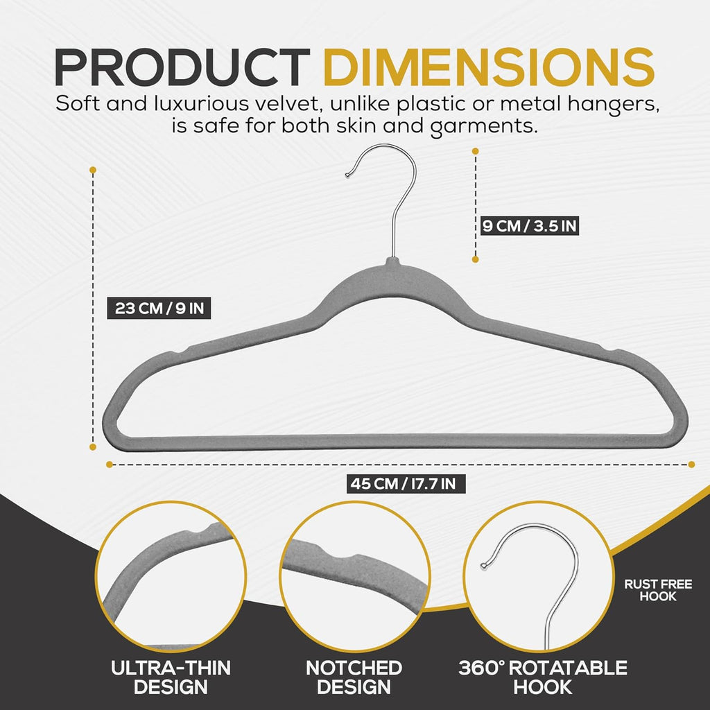 Techzoo Premium Velvet Hangers - 50 Pack Ultra Thin Non-Slip Adult Suit Hangers | Gray, 360° Swivel Hook