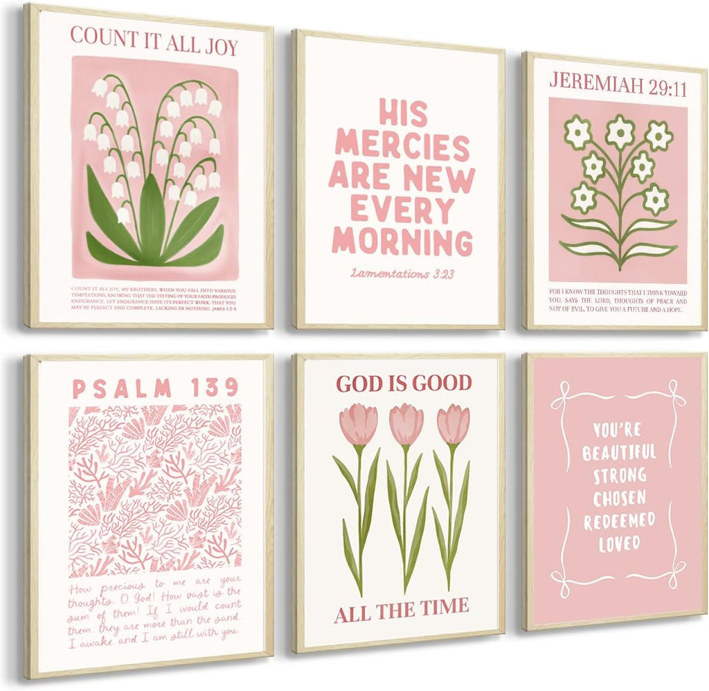Skiennix 6Pcs Pink Christian Bible Verse Wall Art - Floral Scripture Quotes for Bedroom | 8x10 Inch Unframed