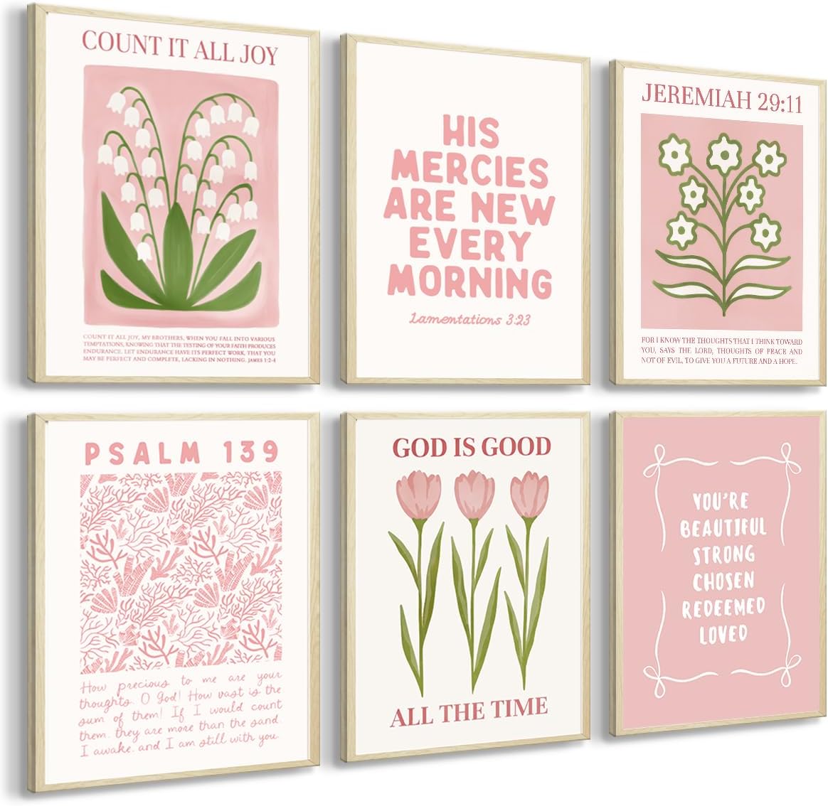 Skiennix 6Pcs Pink Christian Bible Verse Wall Art - Floral Scripture Quotes for Bedroom | 8x10 Inch Unframed