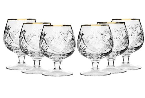 SET of 6 Russian Cut Crystal Cognac Scotch Whiskey Stemmed Snifter Goblet Glass, 24K Gold Rimmed 5 Oz. Vodka Liquor Old-fashioned Glassware Hand Made