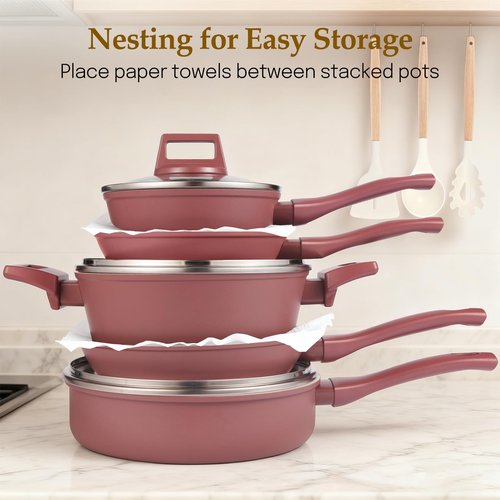 M MELENTA Pots and Pans Set Non Stick, 11-Piece Nonstick Induction Cookware Set, Non-Toxic Kitchen Cooking Set with Frying Pans, Saucepan, Stock Pot, PFOA Free, Red Brown