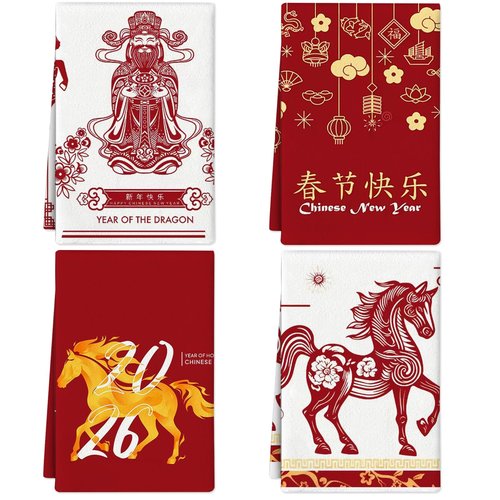 Chinese New Year Kitchen Towels Set of 4 16x24 Inch Lunar Chinese New Year Hand Towels Zodiac Horse Farmhouse Dish Cloths Red Flower Decoration for Holiday Cleaning Spring Festival Housewarming Gifts