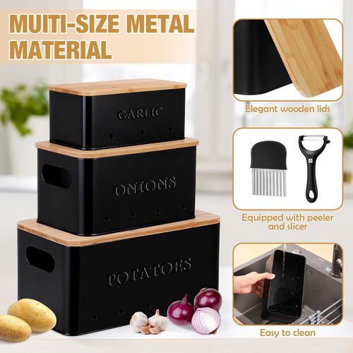 Honeydak 3 PCS Potato Onion Garlic Storage Bins Set, Metal Vegetable Keeper Containers with Lids Aerating Holes for Kitchen Counter Pantry Keep Fresh Longer Farmhouse for Sweet-potato Fruit(Black)