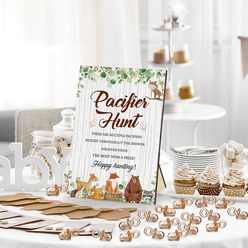 Thyle 51 Pcs Woodland Animals Pacifier Hunt Baby Shower Games Forest Animal Baby Shower Game Decoration Include Hunt Sign and Acrylic Pacifiers Woodland Themed Gift Sets for Gender Reveal Party Decor
