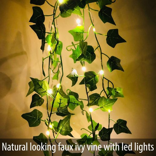 Fielegen 2 Pack 6.56ft Vines with Lights, 40 LED Fake Ivy Garland with Lights Battery Operated Green Leaf Vines Fairy String Lights, Hanging Ivy Light for Valentine's Day Bedroom Garden Patio Decor