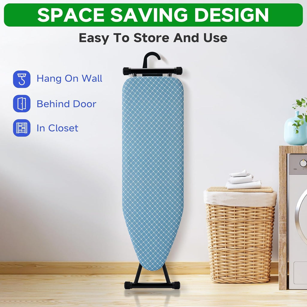 BKTD Compact Ironing Board - Adjustable Height, Heat Resistant Surface | Space-Saving Design, 13 x 43 Inches, Diagonal Checkered Blue