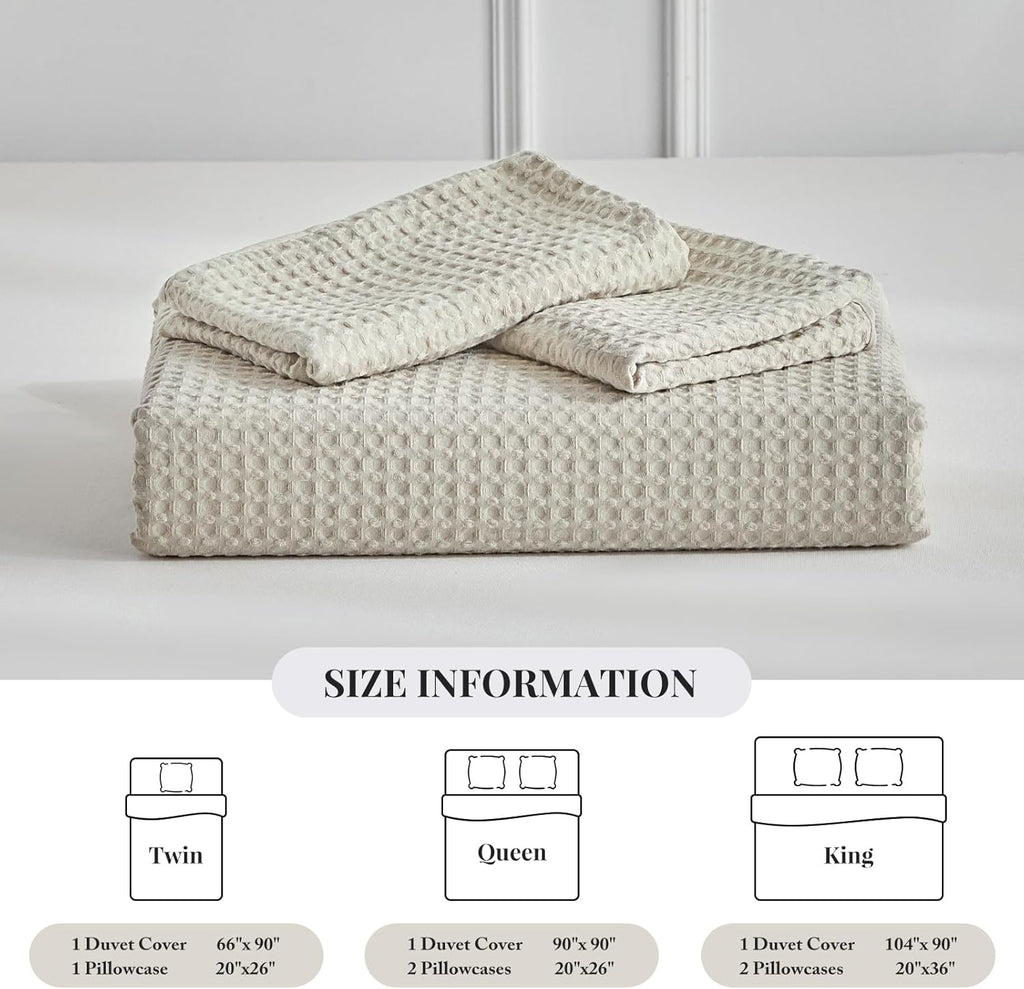 WARMDERN Waffle Weave Duvet Cover Set - Soft & Breathable Queen Size Bedding in Khaki | 3-Piece Microfiber Set