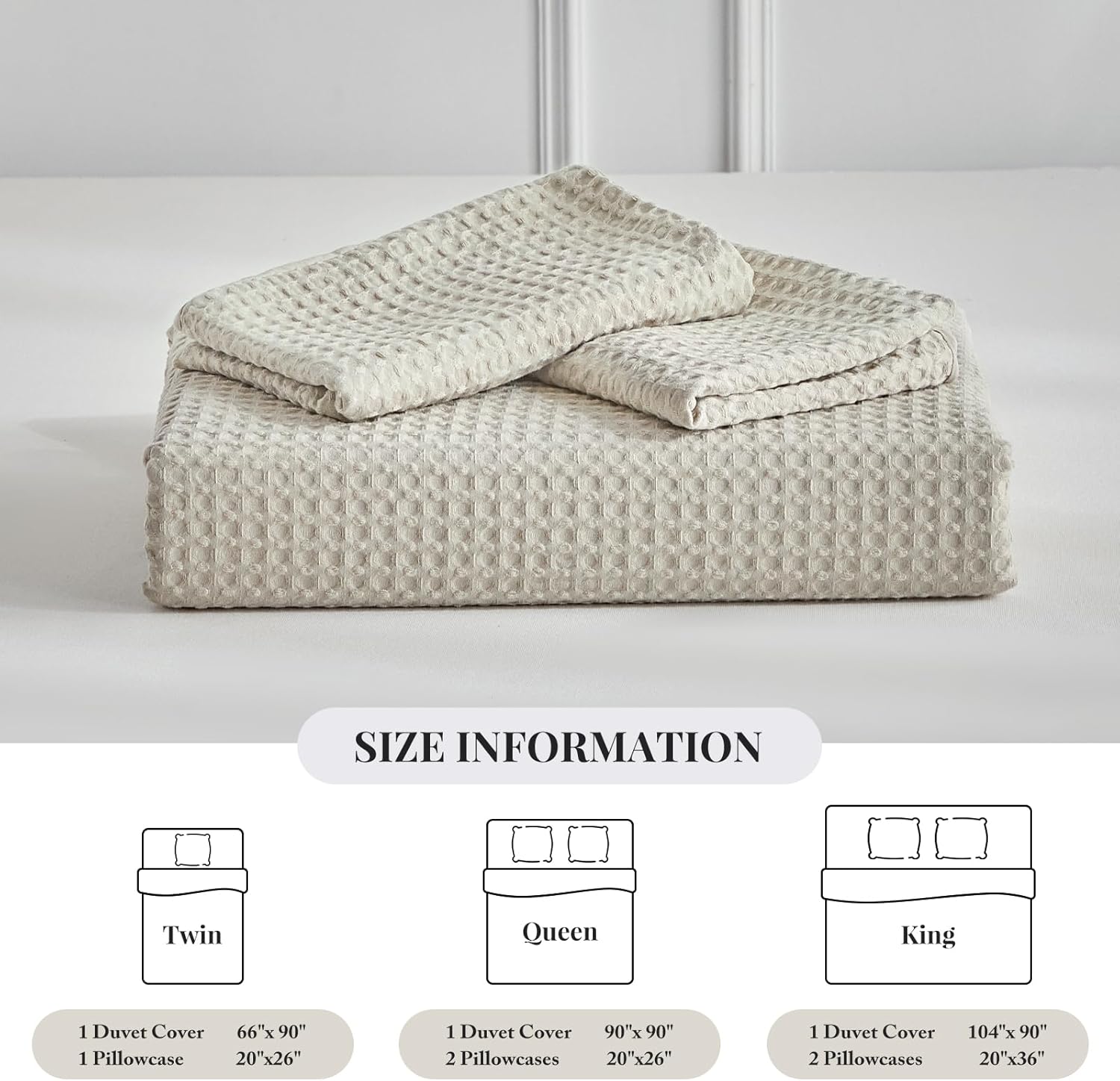 WARMDERN Waffle Weave Duvet Cover Set - Soft & Breathable Queen Size Bedding in Khaki | 3-Piece Microfiber Set