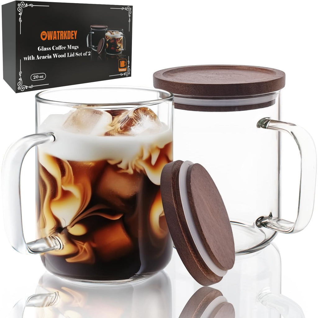 OWATRKDEY Glass Coffee Mugs Cups with Acacia Wood Lid 20 oz, Glass Mug Set of 2, Large Coffee Mug with Handles, Coffee Mugs for Latte, Espresso, Tea