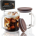 OWATRKDEY Glass Coffee Mugs Cups with Acacia Wood Lid 20 oz, Glass Mug Set of 2, Large Coffee Mug with Handles, Coffee Mugs for Latte, Espresso, Tea