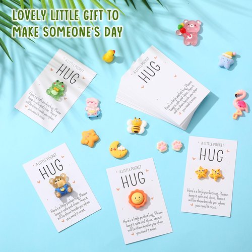 Wonderjune 50 Sets Pocket Hug Bulk Gift Mini Resin Animals Small Teacher Thank You Gifts Inspirational Pocket Hug Card Emotional Appreciation for Teacher Coworker Employee Team Staff Friend (Cute)