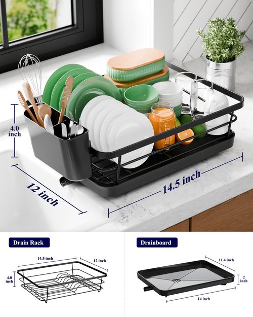 Kitsure Dish Drying Rack - Compact Dish Rack with Utensil Holder & Adjustable Water Outlet, Rust-Proof & Scratch-Resistant Drying Rack for Kitchen, 14.5" x 12.0" x 4.0", Black