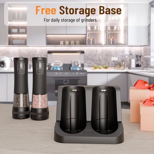 Veiliss 2pcs Electric Salt and Pepper Grinder Set With Battery Display Rechargeable Base, External Adjustable Coarseness, Automatic Ceramic Salt & Pepper Shakers Mills (Black Pro)