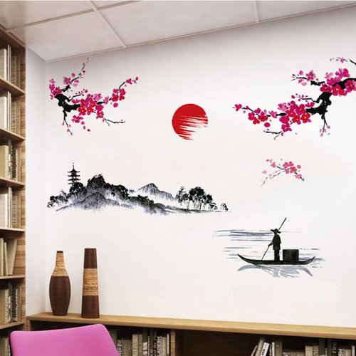 Large Japanese Wall Decor Stickers, BWCXXZH Red Cherry Blossom Tree Wall Murals Mountain River Fisherman Peel and Stick 3D Art Stickers for Girls Bedroom Nursery Living Room TV Home Decor