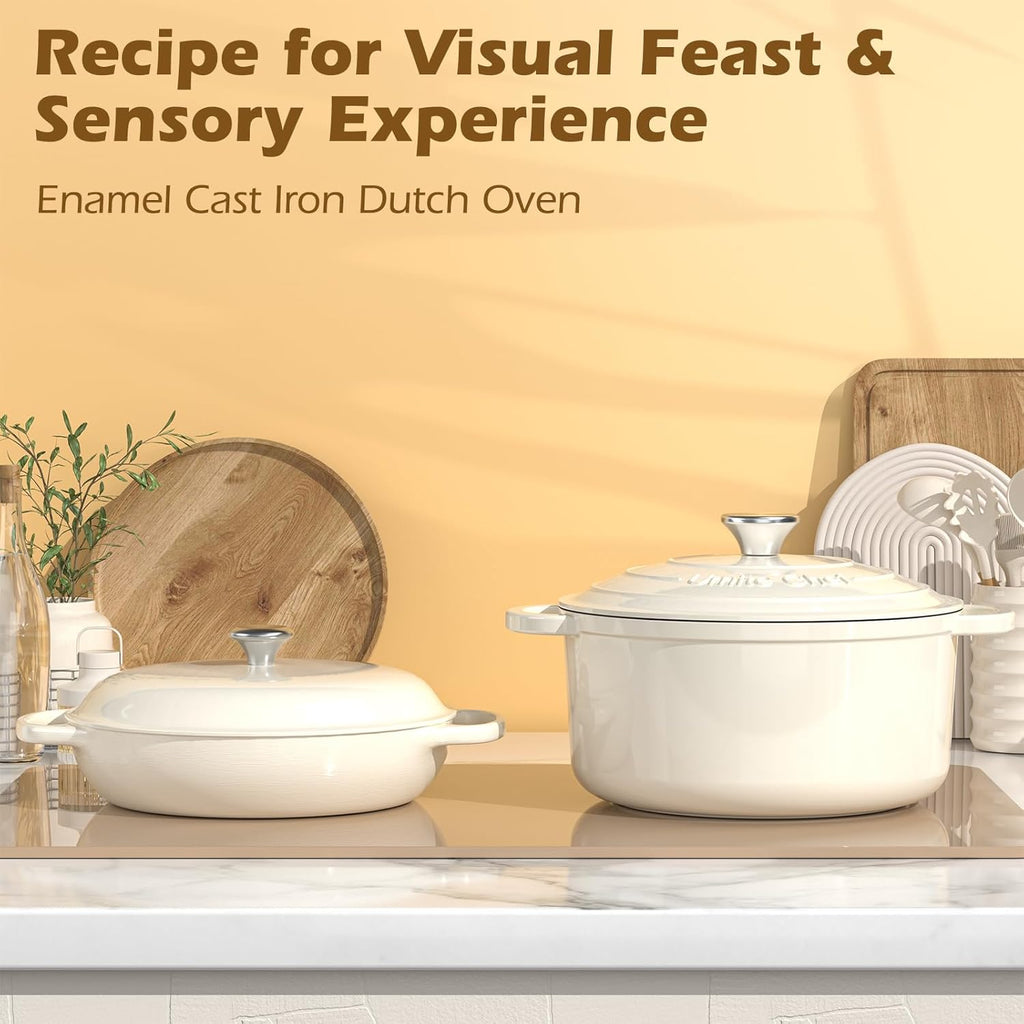 Umite Chef Enameled Cast Iron Dutch Oven - 5QT Heavy-Duty Pot with Lid & Potholders | Cream White for Baking & Roasting
