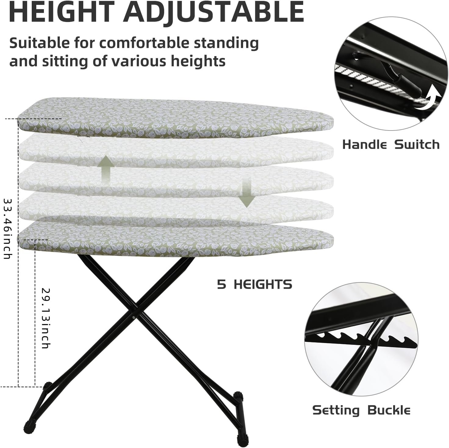 Skiennix Adjustable Height Ironing Board - Folding Design with Heat-Resistant Cover | Compact Flower Print