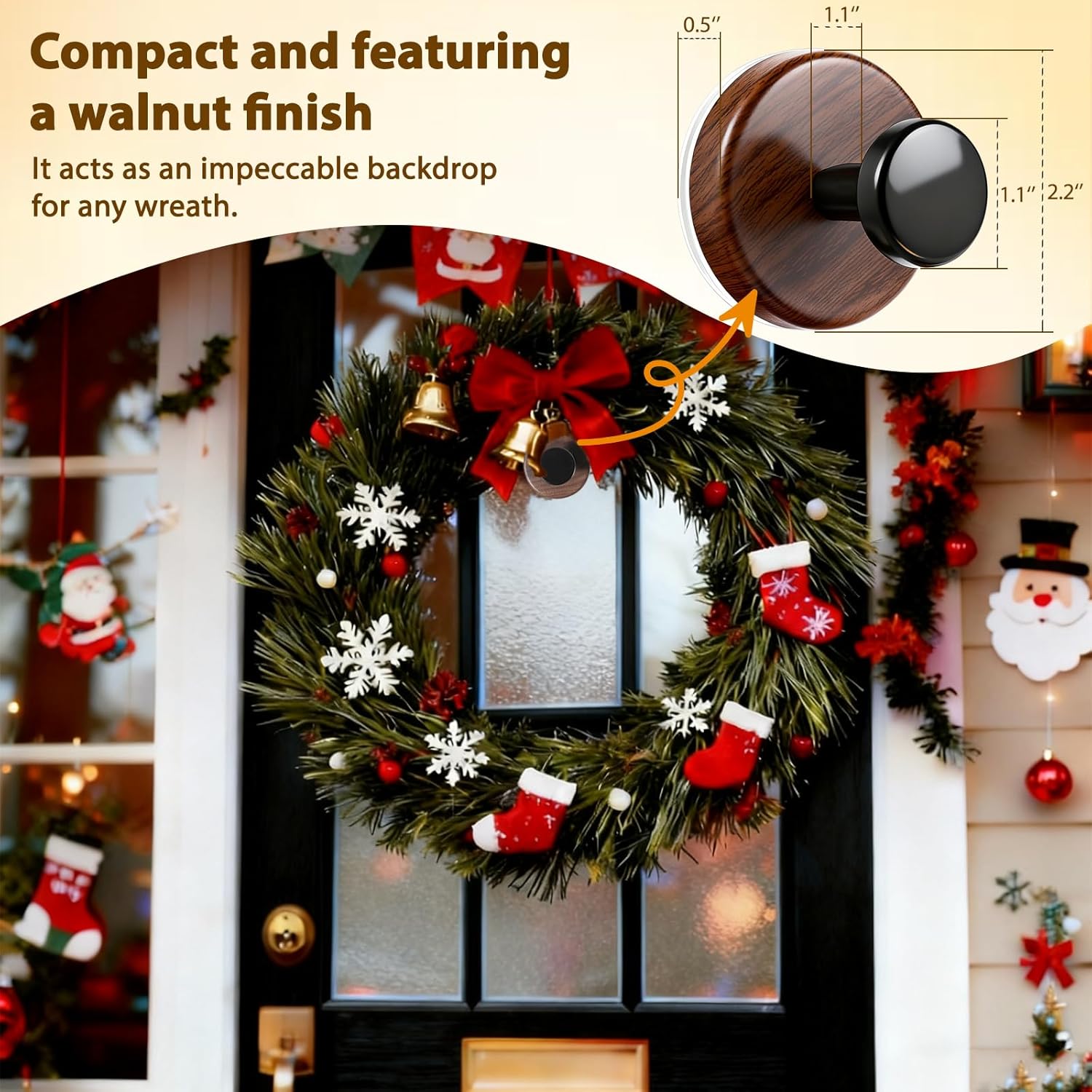 Walnut Wreath Hanger - Heavy Duty Suction Cup Hook for Front Door | 2-Pack for All Seasons
