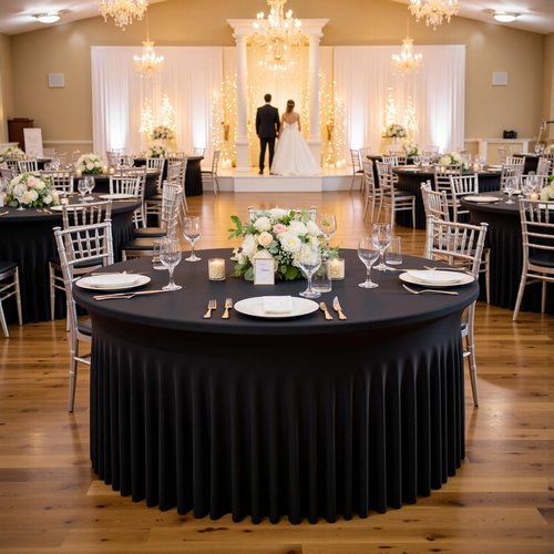 Outpain 4 Pack Black 72in/6FT Round Spandex Tablecloth,132inch Stretchy Fitted Table Cloths for Round Tables,Wrinkle Free Black Table Cloths with Skirt for Wedding Vendor Graduation Banquet