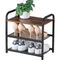 RUNJIMY 3-Tier Shoe Rack, Heavy-Duty Metal Grid, Rustic Wooden Top & Guardrails - for Entryway, Closet, Bathroom (Holds 6 Pairs, Space-Saving)