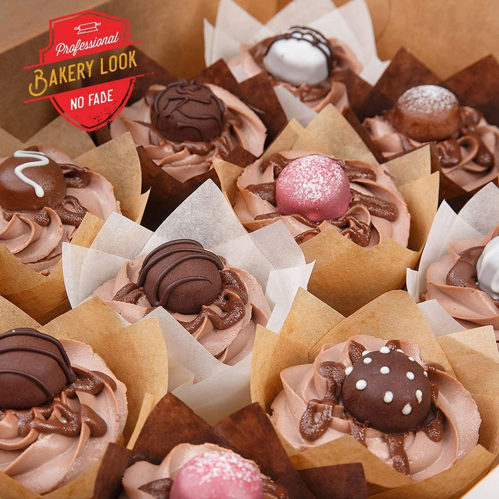 Baker’s Signature Tulip Cupcake Liners - 200 Pcs Greaseproof Muffin Baking Cups | Sturdy Beige & Brown