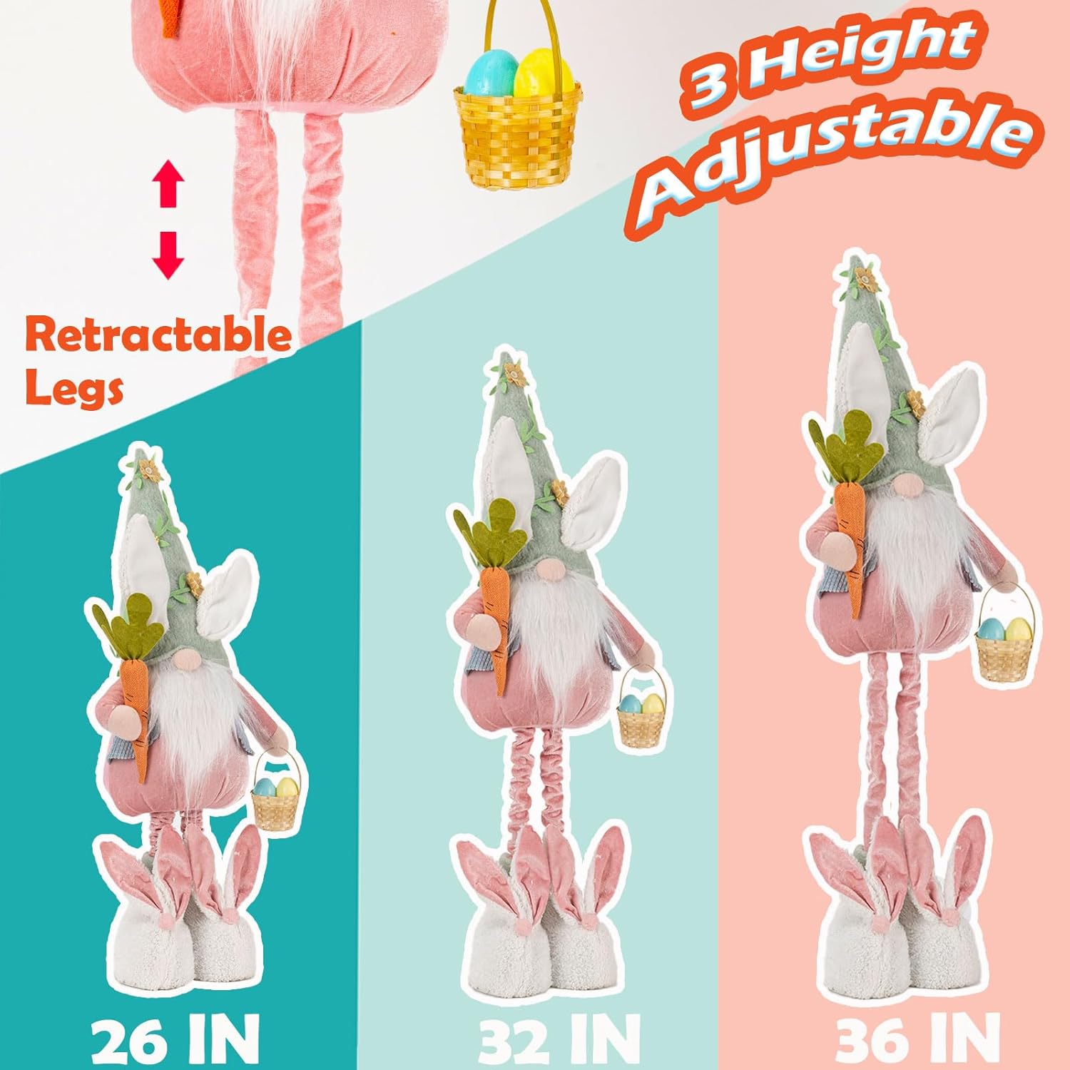 Unanscre Easter Bunny Gnome Plush Decoration - Large 26’’-36’’ Rabbit with Retractable Legs for Home Decor