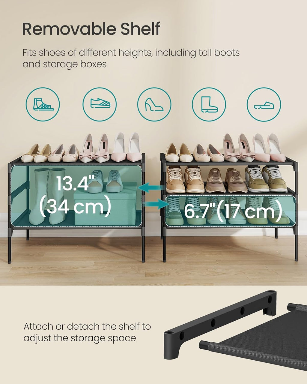 SONGMICS 3-Tier Shoe Rack - Space-Saving Organizer with Metal Frame & Non-Woven Fabric Shelves | Ink Black, 11.7 x 24.5 x 21 Inches