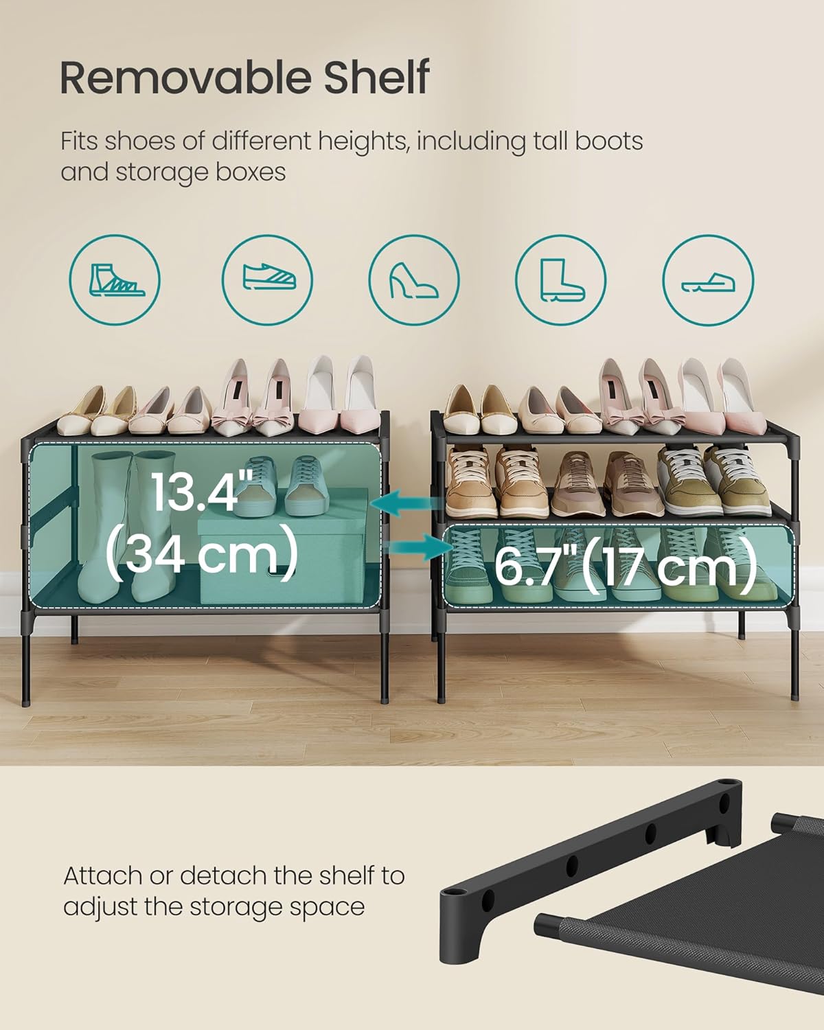 SONGMICS 3-Tier Shoe Rack - Space-Saving Organizer with Metal Frame & Non-Woven Fabric Shelves | Ink Black, 11.7 x 24.5 x 21 Inches