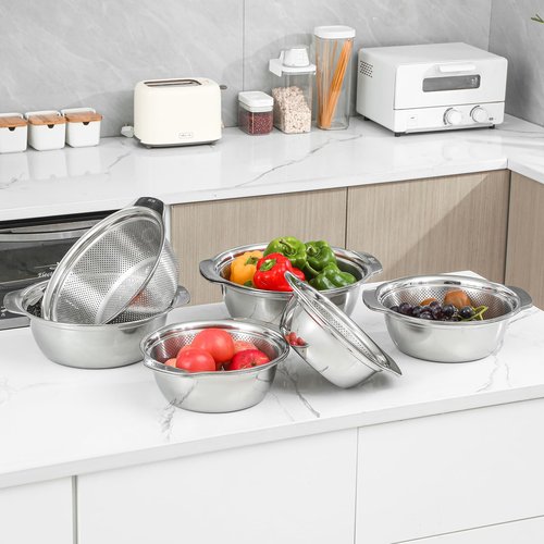 304 Stainless Steel Microporous Colander with Handle, Rice Washers Microporous Strainer Set For washing vegetables, fruits and rice, and draining cooked pasta(5QT with handle-Gold)