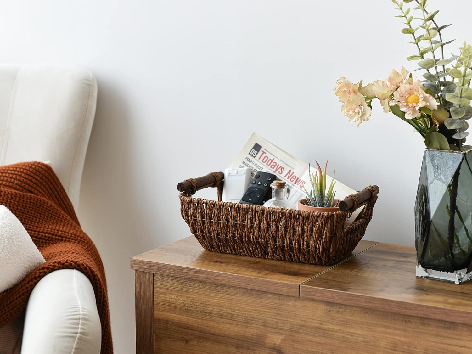 StorageWorks Handwoven Wicker Baskets - Round Paper Rope Storage with Wooden Handles | Dark Brown, 2-Pack