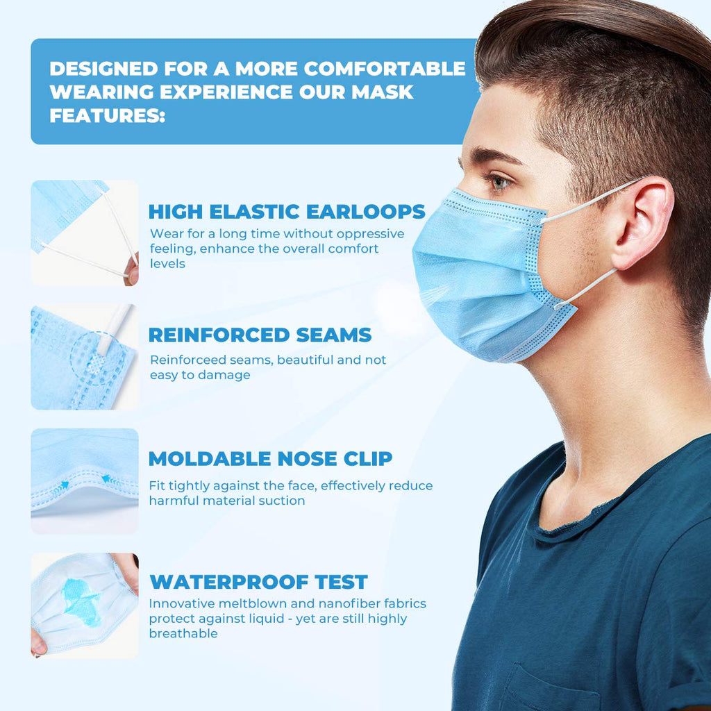 Zubrex 50 Pcs Disposable 3 Ply Safety Face Mask for Protection - with Nanofiber Lining Elastic Earloops, Lightweight Breathable Protective Anti-Dust Facial Masks Health School Office