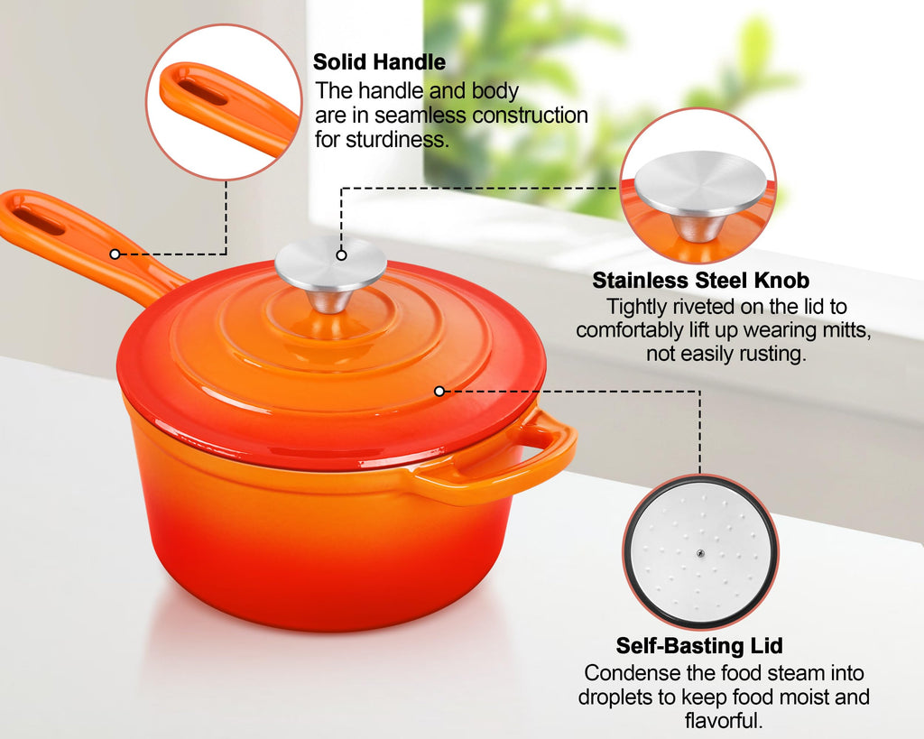 TeamFar 2QT Enameled Cast Iron Sauce Pan, Small Sauce Pot Saucepan with Lid, Mini Dutch Oven for Cooking/Baking/Simmering/Boiling, Sturdy & Nonstick, Oven Safe & Fit for Induction- Orange