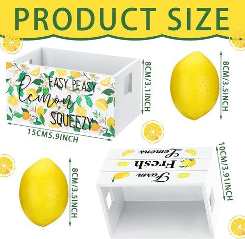 Marsui Lemon Decor Set - Mini Wooden Crate with 8 Fake Lemons for Rustic Summer Home Decor