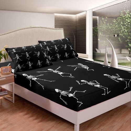 Erosebridal Sugar Skull Sheet Set King Size Skeleton Bones Bedding Set for Kids Boys Girls Teens Adult Halloween Horror Theme Fitted Sheet Gothic Spooky Bed Sheets 4 Pieces with 2 Pillow Cases