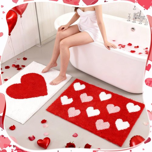 Drydiet Valentines Day Bathroom Rugs Heart Tufted Galentine Day Bathroom Mats Non Slip Absorbent Shower Rug Soft Front Door Mat Washable Bath Decor for Anniversary Home Bedroom, 29.5 x 19.7 Inch