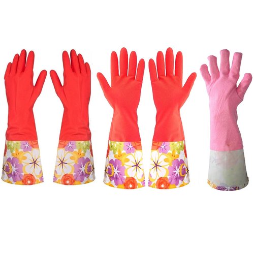 Treenewbid Kitchen Rubber Cleaning Gloves with Warm Lining Household Thickening PU Waterproof Dishwashing Latex Glove Large 2 Pairs