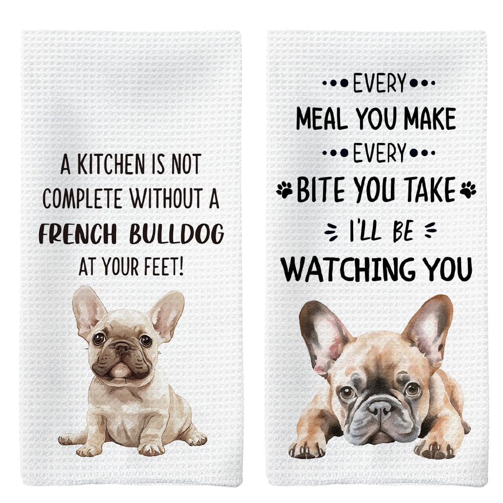 Tzhim French Bulldog Gifts Kitchen Towels Set of 2, Frenchie Mom Gift, French Bulldog Gifts for Women Dish Tea Towels for Kitchen, FrenchBulldog Hand Towels, Dog Kitchen Bathroom Decor, 16x24inch