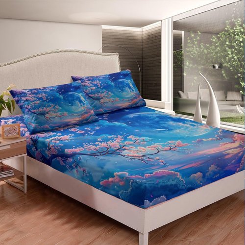 Cherry Blossoms Fitted Sheet Twin Size,Moonnight Cloud Starry Sky Bedding Set,Girls Women Room Decor,Sakura Flowers Chinese Style Bed Cover,Pink Blue Romantic Bed Sheet,1 Pillowcase(No Top Sheet)