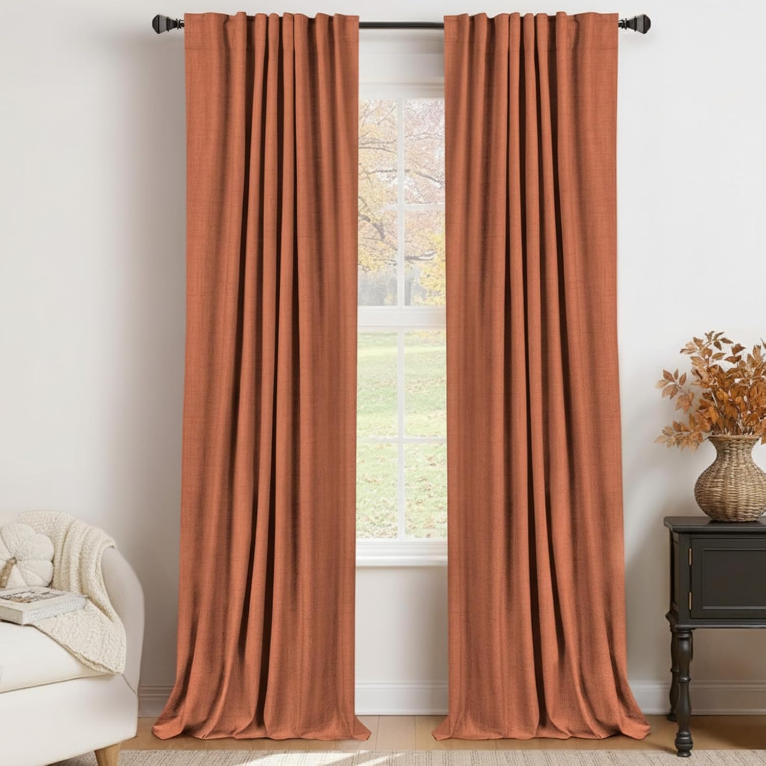 Skiennix 100% Blackout Linen Curtains - Thermal Insulated Drapes, 50" W x 84" L, Burnt Orange - 2 Panels Set